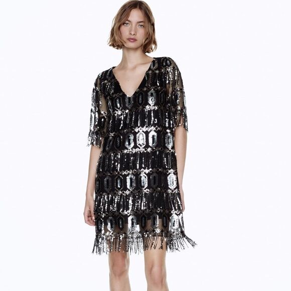 ZARA SEQUINED FRINGED DRESS - Picture 10 of 16